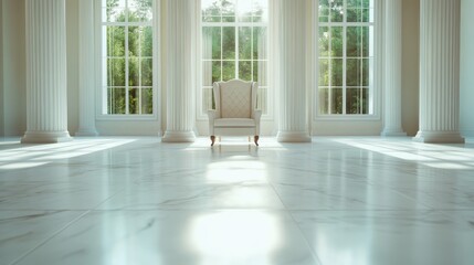 Fototapeta premium A serene interior featuring a cozy chair surrounded by tall columns and large windows that invite abundant natural light, creating an atmosphere of tranquility and elegance.