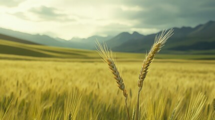 Naklejka premium Close up of ripe wheat ears in a scenic landscape showcasing fields and mountains with ample space for text additions