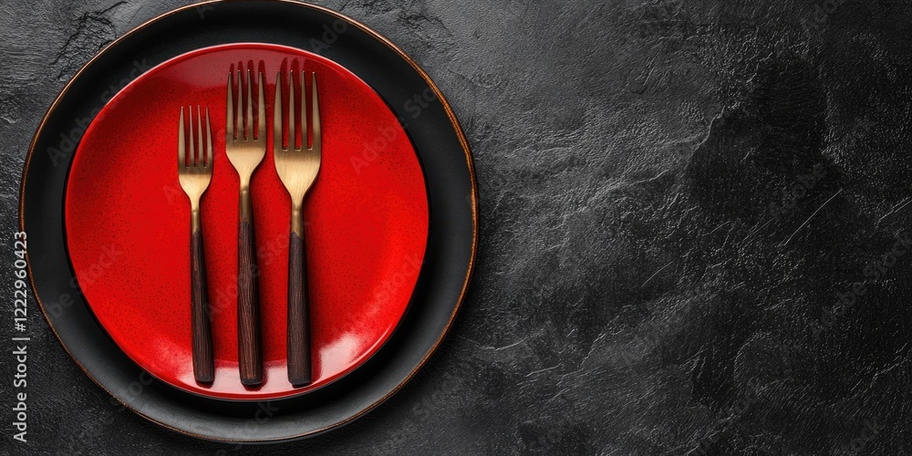 Aufkleber elegant dining arrangement with brown forks on black and red plates and generous empty space for tex