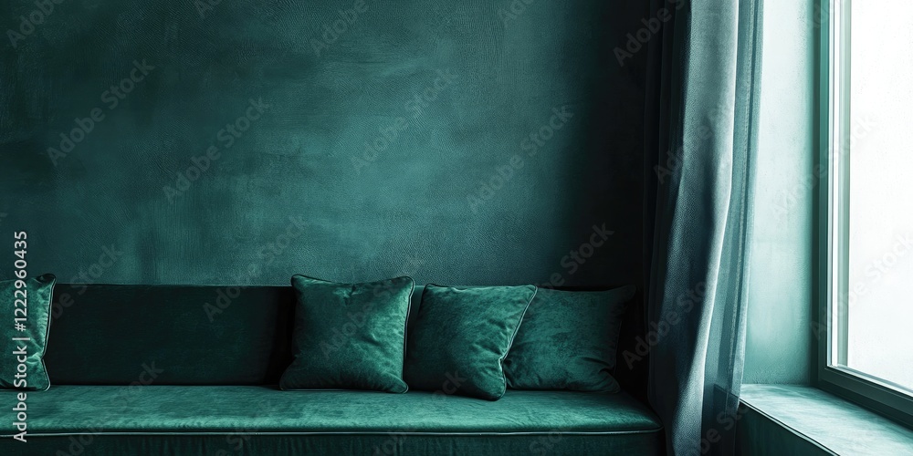 Poster Minimalist interior featuring an elegant dark green sofa with cushions by a window creating an inviting atmosphere and ample copy space for text