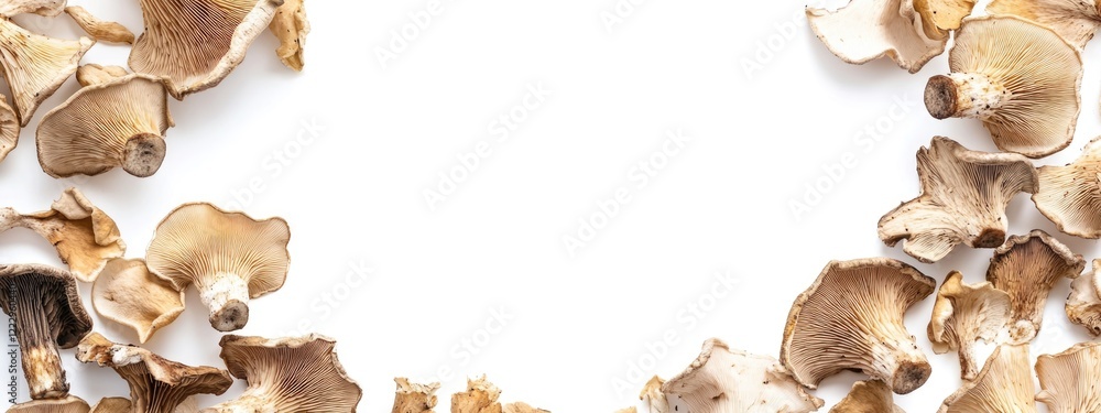 Poster Dried mushroom decoration frame on white background with empty space for text or product display in nature-inspired aesthetics
