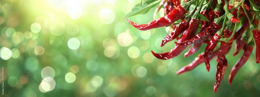 Poster Dried red chili peppers with green bokeh background and ample space for text to create a visually striking culinary design or advertisement