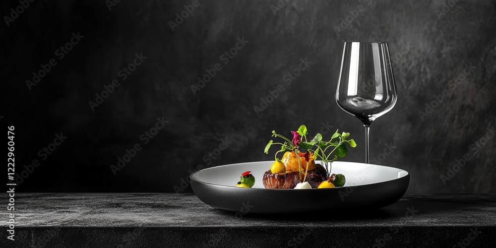 Aufkleber Sophisticated Fine Dining Plate with Elegant Presentation and Empty Space for Text on Dark Background