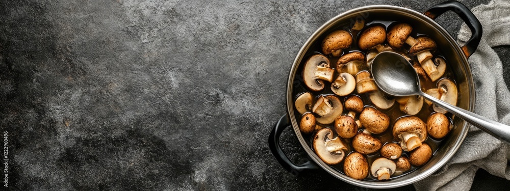 Poster Dried mushrooms being cooked in a pot with a spoon on a textured background and ample empty space for text insertion