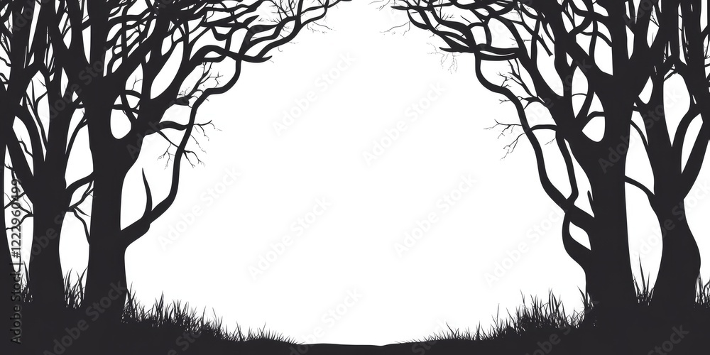 Fototapete Mysterious dark forest silhouette with empty space for text surrounded by intricate tree branches and subtle grass details