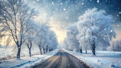 Obraz premium Frosty morning scene with icy road and sleet covered trees, snowflakes falling gently from grey sky