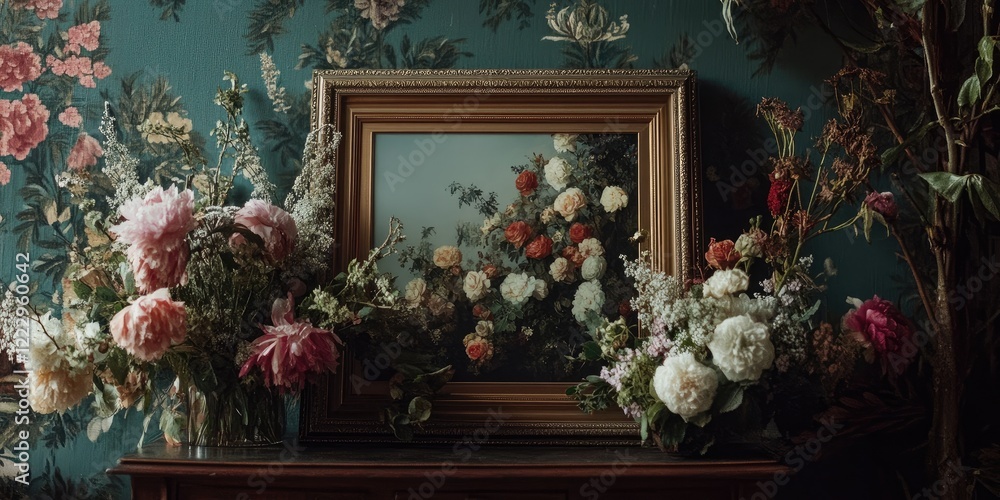 Leinwandbilder elegant fine art frame mockup with floral arrangement and ample copy space for customizable text or 