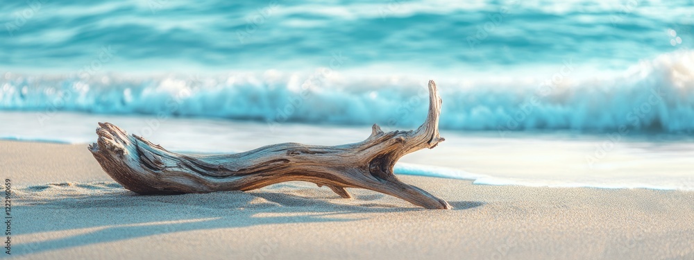 Poster driftwood on sandy beach with gentle ocean waves creating a serene and natural decorative background