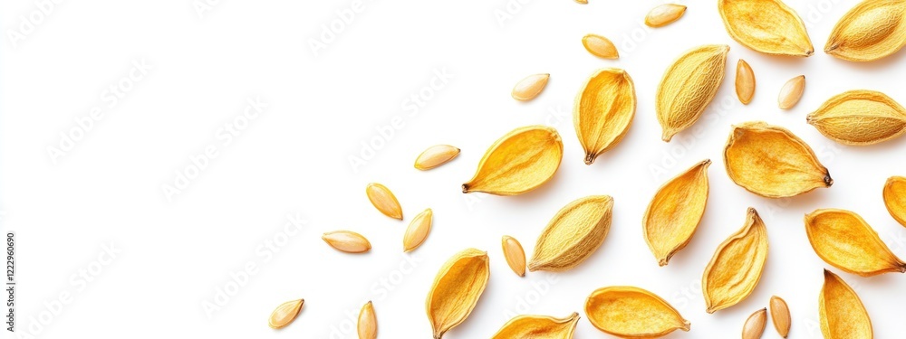 Poster Dried yellow melon seeds scattered on white background with ample empty space for text or design elements.