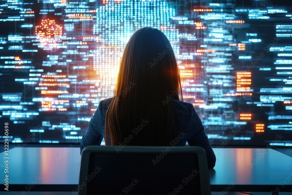 Poster solutions-oriented mindset: a woman analyzing data on a large screen in a sleek conference room, sur