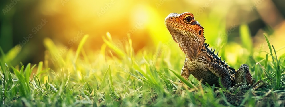 Poster dried lizard on green grass with sunlit background and ample copy space for text placement in creati