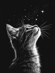 Serene Cat Gazing at Stars in a Dark Night Sky Illustration