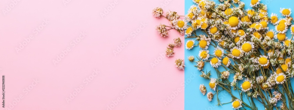 Poster dried chamomile flowers on pastel pink and blue background with ample copy space for text or design 