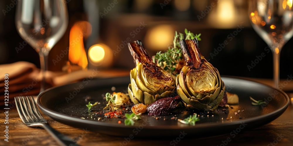 Poster stylish restaurant table setting featuring roasted artichokes and herbs with empty space for text id
