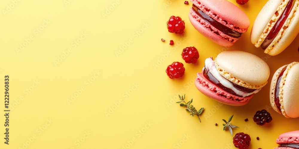 Poster colorful french macaroons with cream and red berry syrup on vibrant yellow background featuring spac