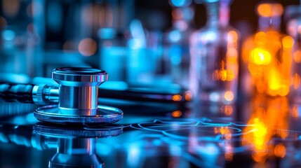 Close-up of Stethoscope on Glowing Heart Diagram, Medical Research Background, Healthcare Concept.