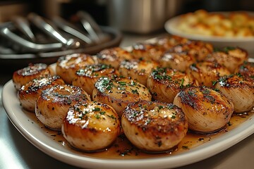 Seared scallops glistening with a savory glaze garnished with fresh herbs A delectable culinary creation