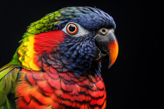 Macro photography of colorful parrot, close-up on black background, sharp focus
