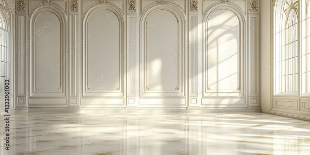 Poster Sophisticated minimalist interior with ornate design and ample natural light creating a spacious atmosphere for text or visual content.
