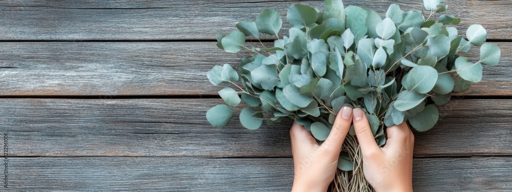 Poster hand holding a bouquet of dried eucalyptus leaves on rustic wooden background with empty space for t
