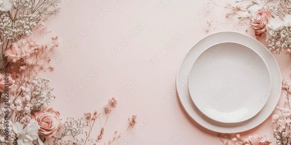 Aufkleber elegant dining setup featuring floral decor and blank space for text with pastel colors and white pl