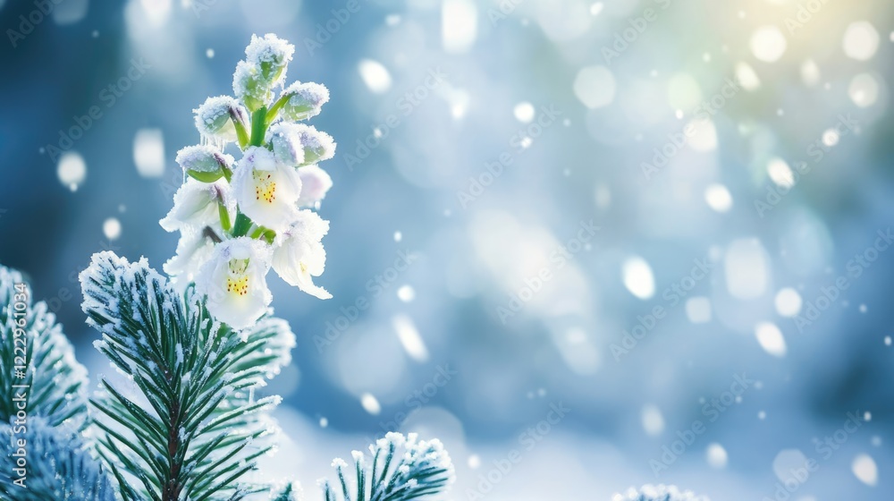Aufkleber winter wonderland scene with snowy orchid blossom on pine tree branch and soft focus background for 