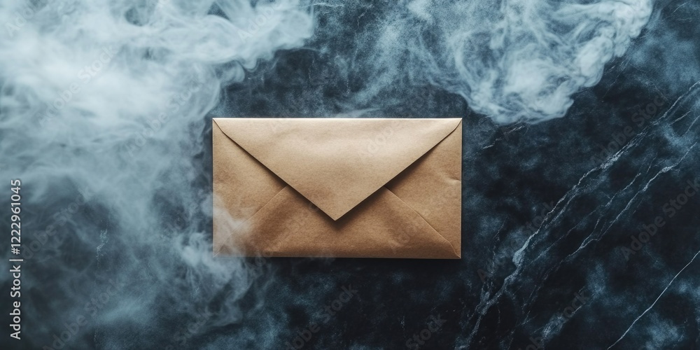 Poster Elegant envelope on marble surface surrounded by smoke with ample space for customizable text or branding messages