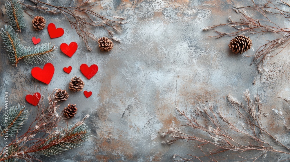 Aufkleber Festive Winter Card Design Featuring Fir Branches Pine Cones and Red Hearts on Rustic Background With Copy Space for Custom Text