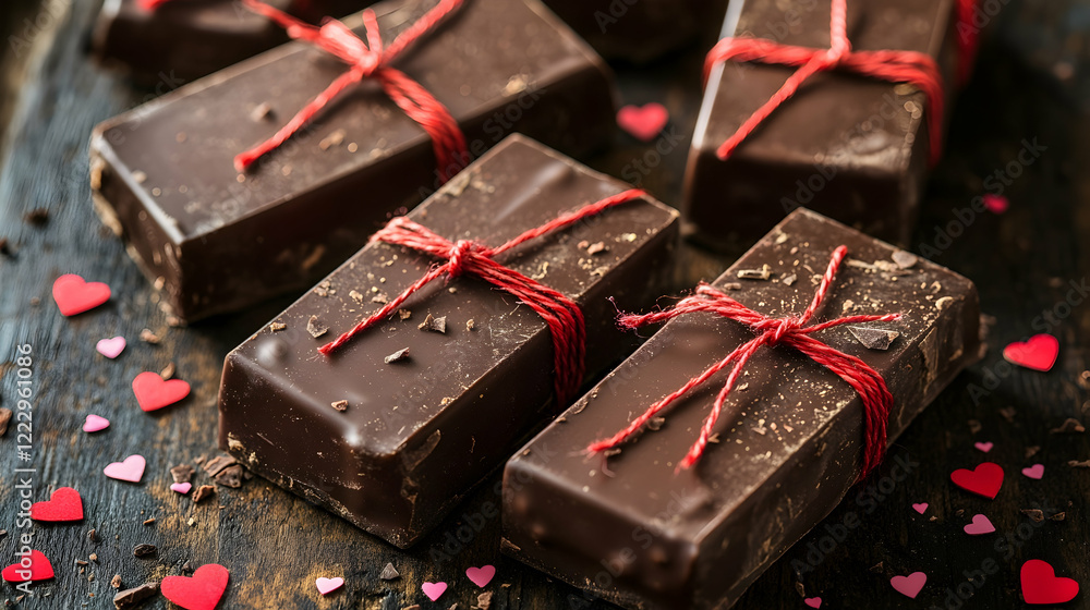 Poster a rustic setup of chocolate bars tied with red twine, styled with small heart-shaped confetti