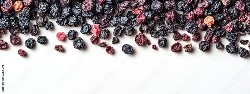 Poster dried blueberries scattered on a light backdrop with empty space for text showcasing healthy berry s