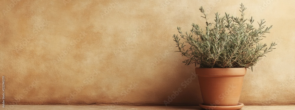 Poster dried rosemary in terracotta pot on neutral background with copy space for text or design