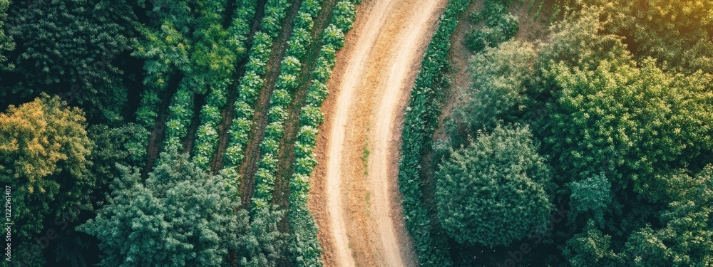 Poster aerial view of a winding dirt path through lush organic farmland with growing crops and blank space 