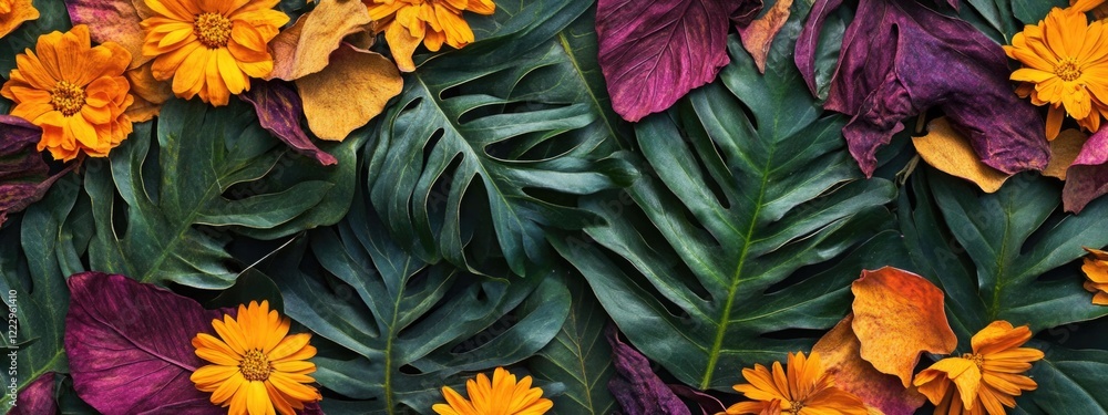Poster dried calendula petals and vibrant tropical leaves flat lay with blank space for creative text or de