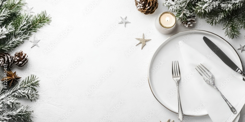 Poster elegant dining table arrangement featuring silver cutlery on a white surface adorned with festive pi
