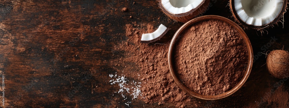 Poster Dried coconut powder in a wooden bowl with coconut pieces on a rustic table for culinary use and empty space for text or branding