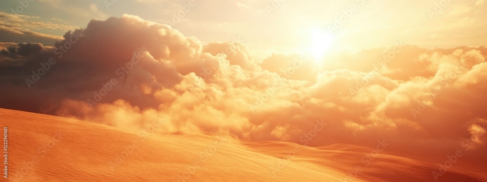 Poster sunlight breaking through drifting clouds over a serene landscape with ample empty space for adding 
