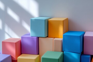 Obraz premium Colorful Stacked Cubes: A Playful Arrangement of Geometric Shapes for a Modern Aesthetic