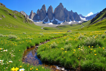 Spring meadow with wildflowers and mountain peaks
