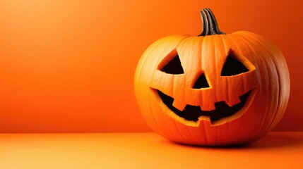 Vibrant orange Halloween pumpkin with carved face on matching background ideal for banners posters and website advertising with copy space