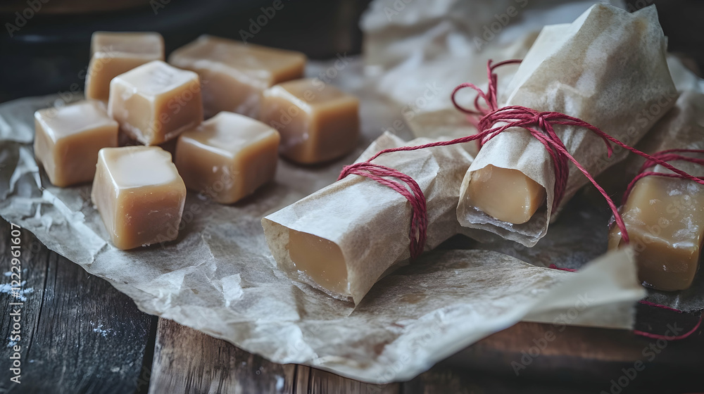 Poster a rustic setup of handmade caramel toffees wrapped in natural wax paper, styled with red twine