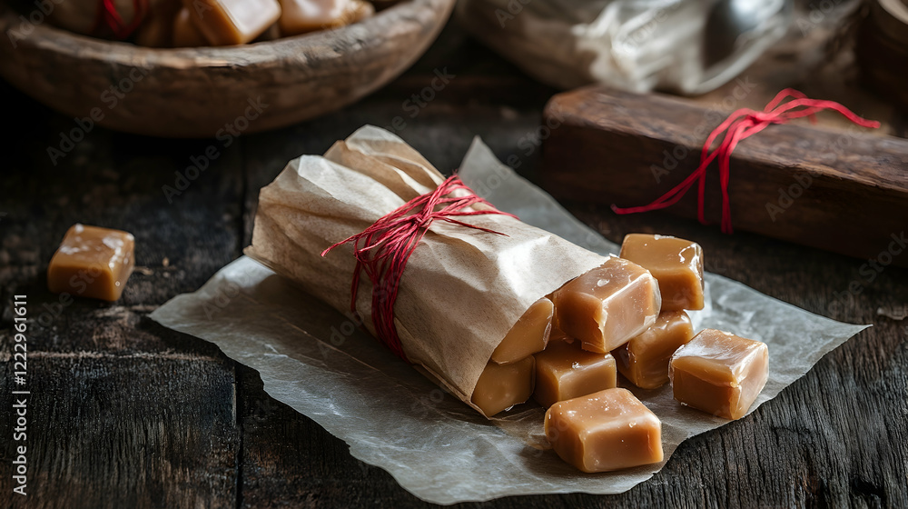 Aufkleber a rustic setup of handmade caramel toffees wrapped in natural wax paper, styled with red twine