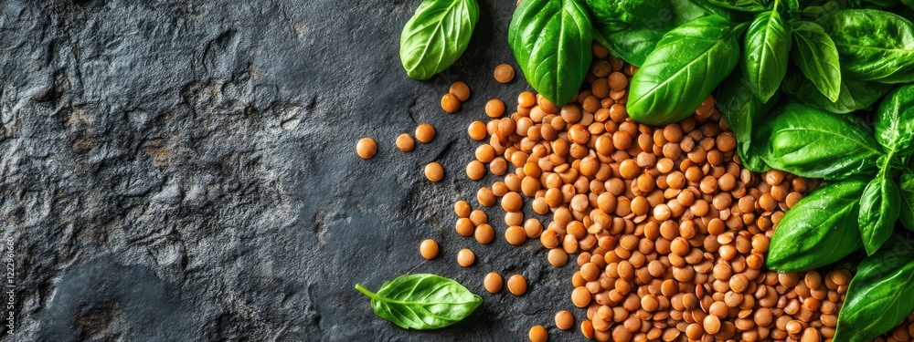 Poster dried italian lentils on dark surface garnished with fresh basil and ample copy space for text or cu