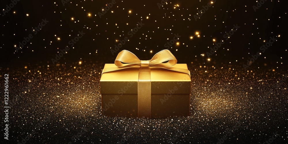 Poster elegant golden gift box with ribbon and sparkling background ideal for holiday promotions or special