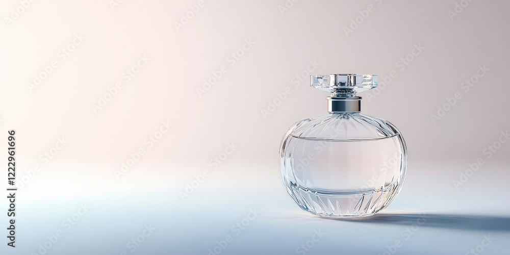 Aufkleber Elegant Clear Glass Perfume Bottle on Soft Background with Empty Space for Custom Text and Branding Options