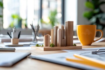 Architectural model of a software firm, surrounded by design sketches and tools, neutral backdrop