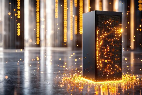 Concept of encrypted data transfer represented by glowing data streams and a secure server in a clean, neutral environment