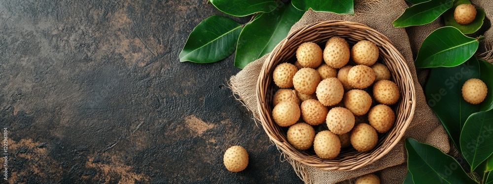 Poster dried longan fruit in a basket surrounded by green leaves on a rustic table with copy space for text