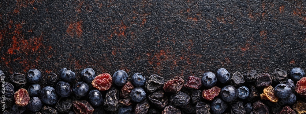 Poster dried blueberries and mixed berries arranged on a textured dark backdrop with space for text or prod