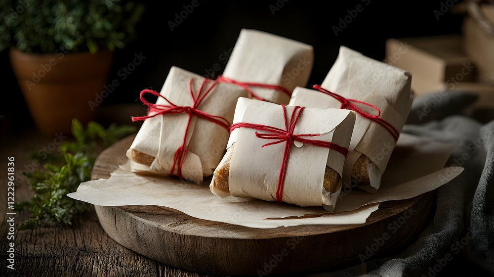 Poster a rustic setup of handmade toffees wrapped in natural paper and tied with red twine, displayed on a 
