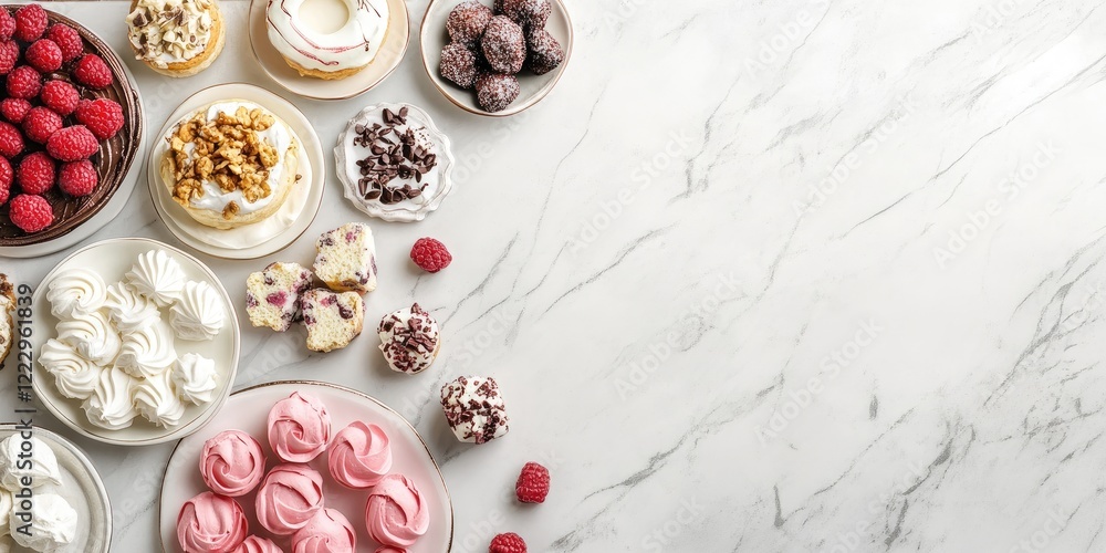 Poster elegant dessert table arrangement featuring assorted sweets fruits and empty space for creative text